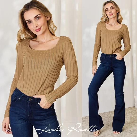 Tan Ribbed Long Sleeve Full Size Top - Picture 11 of 14
